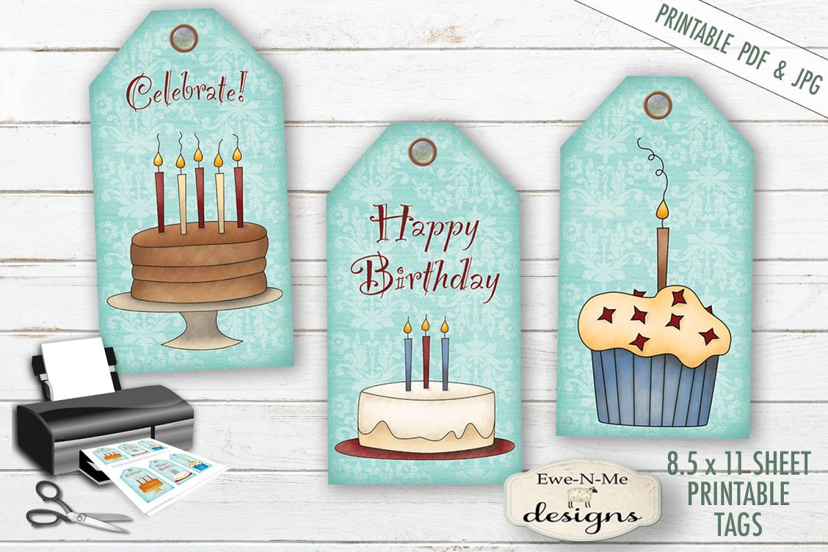 Printable Birthday Tags - Cake Cupcakes - PDF & JPG example image 1