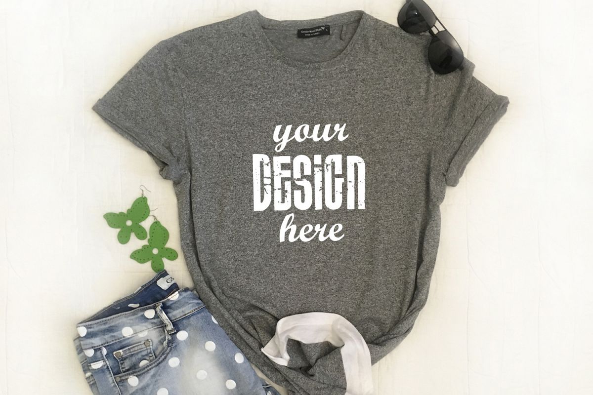 Gray shirt mockup Apparel Mockup Leaves jeans example image 1