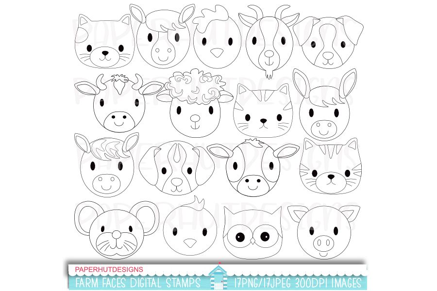 Farm Animals Digital Stamp Farm Animal Faces Black And White