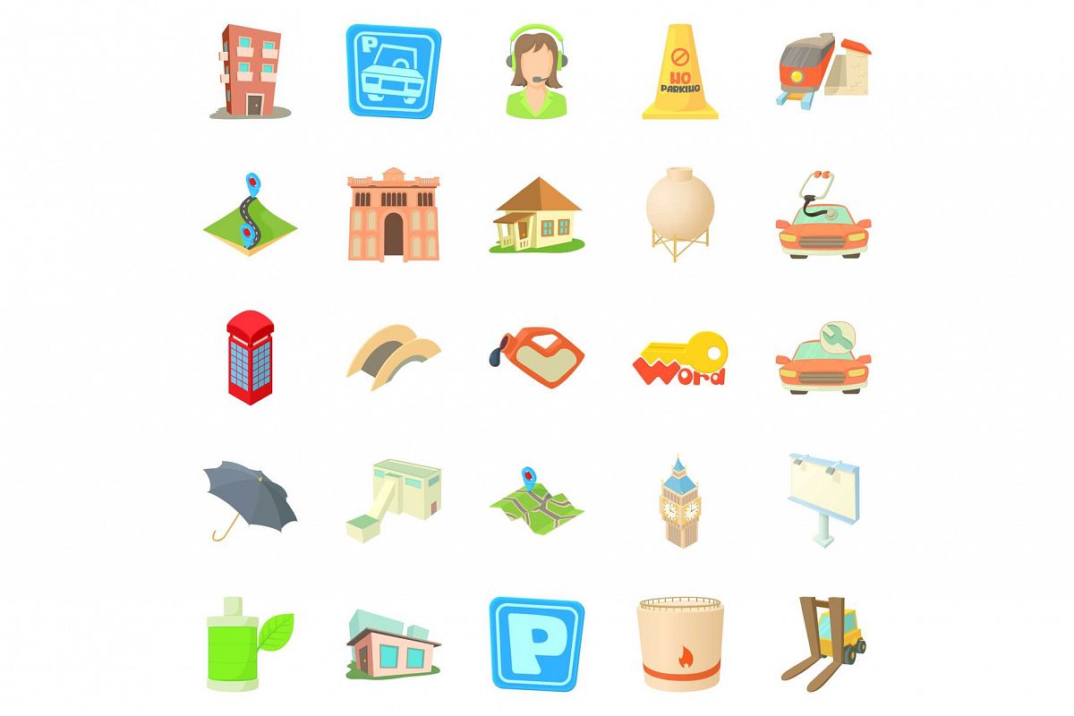 Town icons set, cartoon style example image 1
