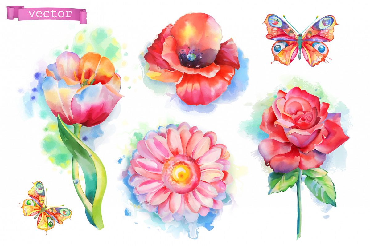 Flowers set. Rose and other plants. Watercolor, vector icons example image 1