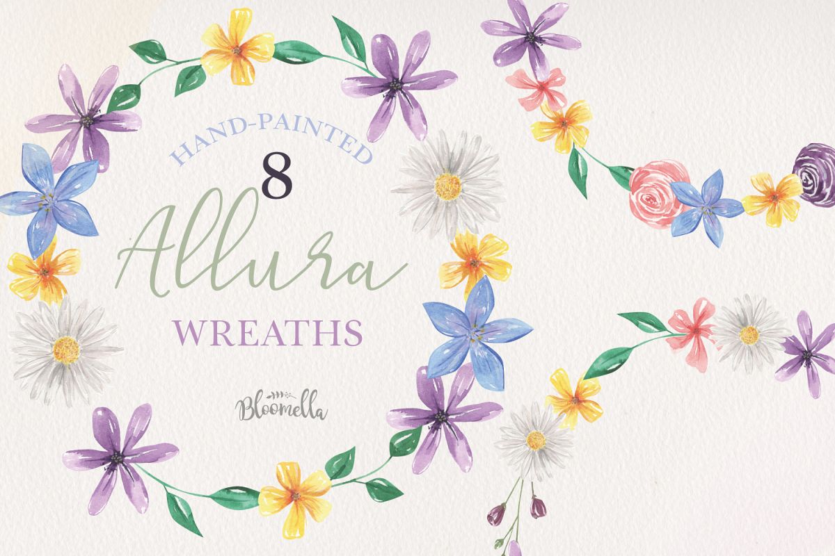 Allura 8 Flora Pretty Flowers Floral Wreath Watercolor Blue example image 1