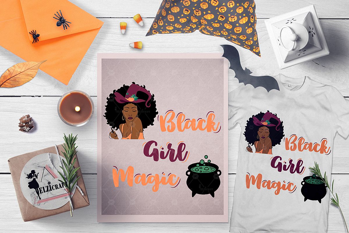 Halloween Black Girl Magic Afro Woman Witch SVG Cut File example image 1