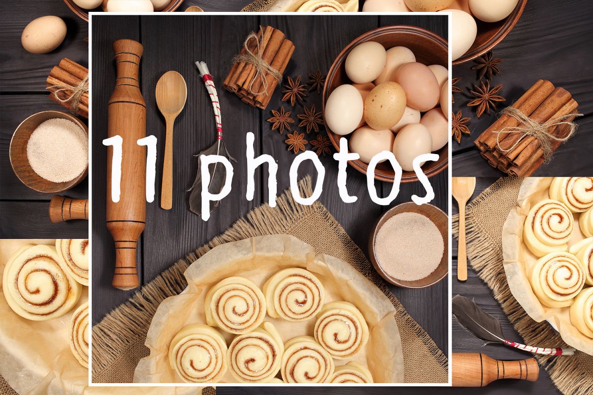 Set of 11 photos - raw buns: cinnamon rolls prepared for baking on a background of rustic table example image 1