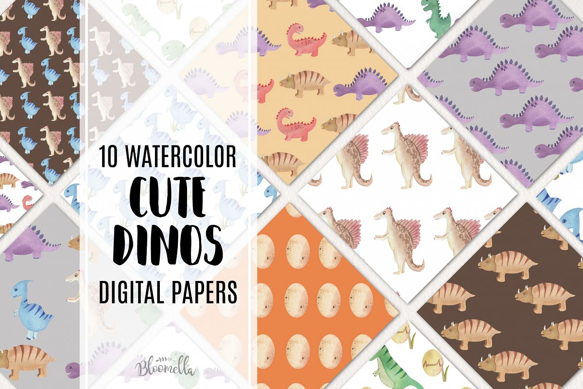 Cute Dino Dinosaur 10 Seamless Patterns Digital T-Rex Eggs example image 1