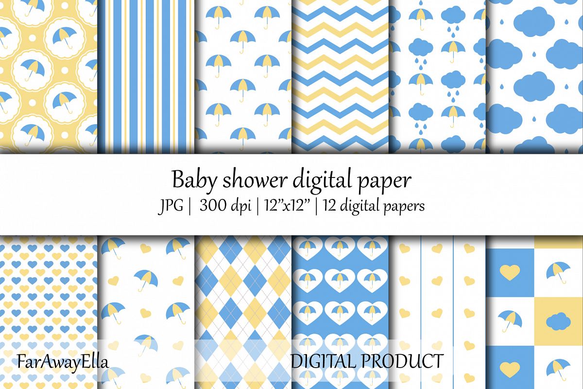 Baby shower blue and yellow JPG digital paper | Seamless example image 1