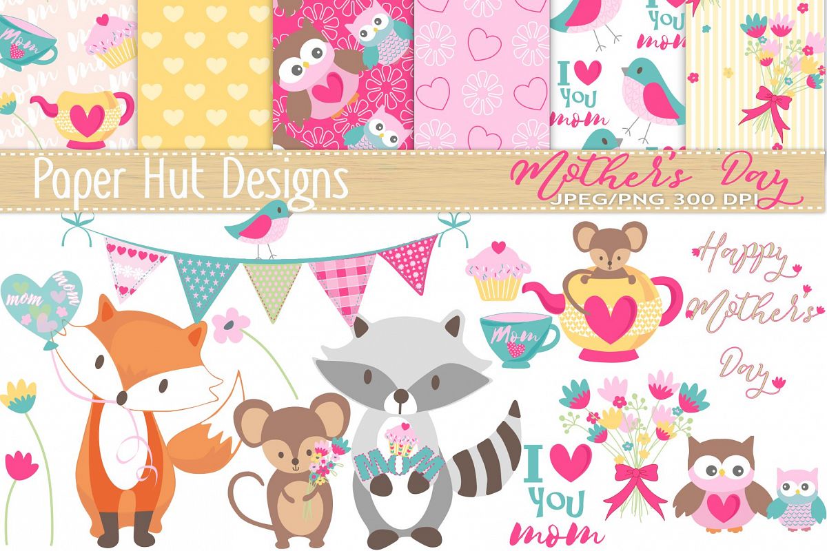 Mother's Day Cute Animal Clipart and Digital Papers Set example image 1