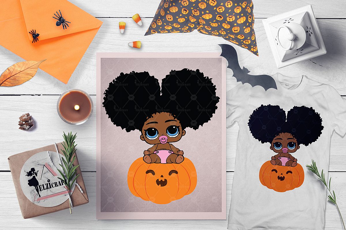 Halloween Afro Peeking Baby Girl Pumpkin Smile SVG File example image 1