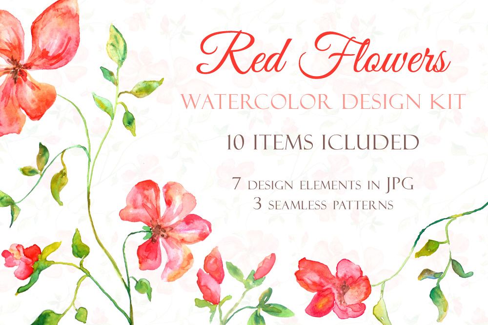 Red Blooming Flowers - Handmade watercolor design kit example image 1