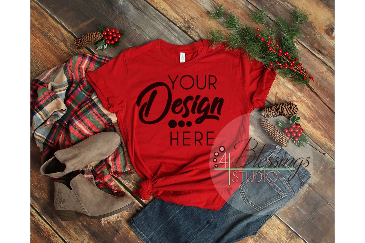 Download Christmas Red TShirt Bella Canvas Mockup 3001 Unisex Shirt ...