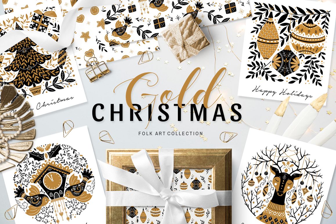 Gold Christmas Folk Art collection example image 1