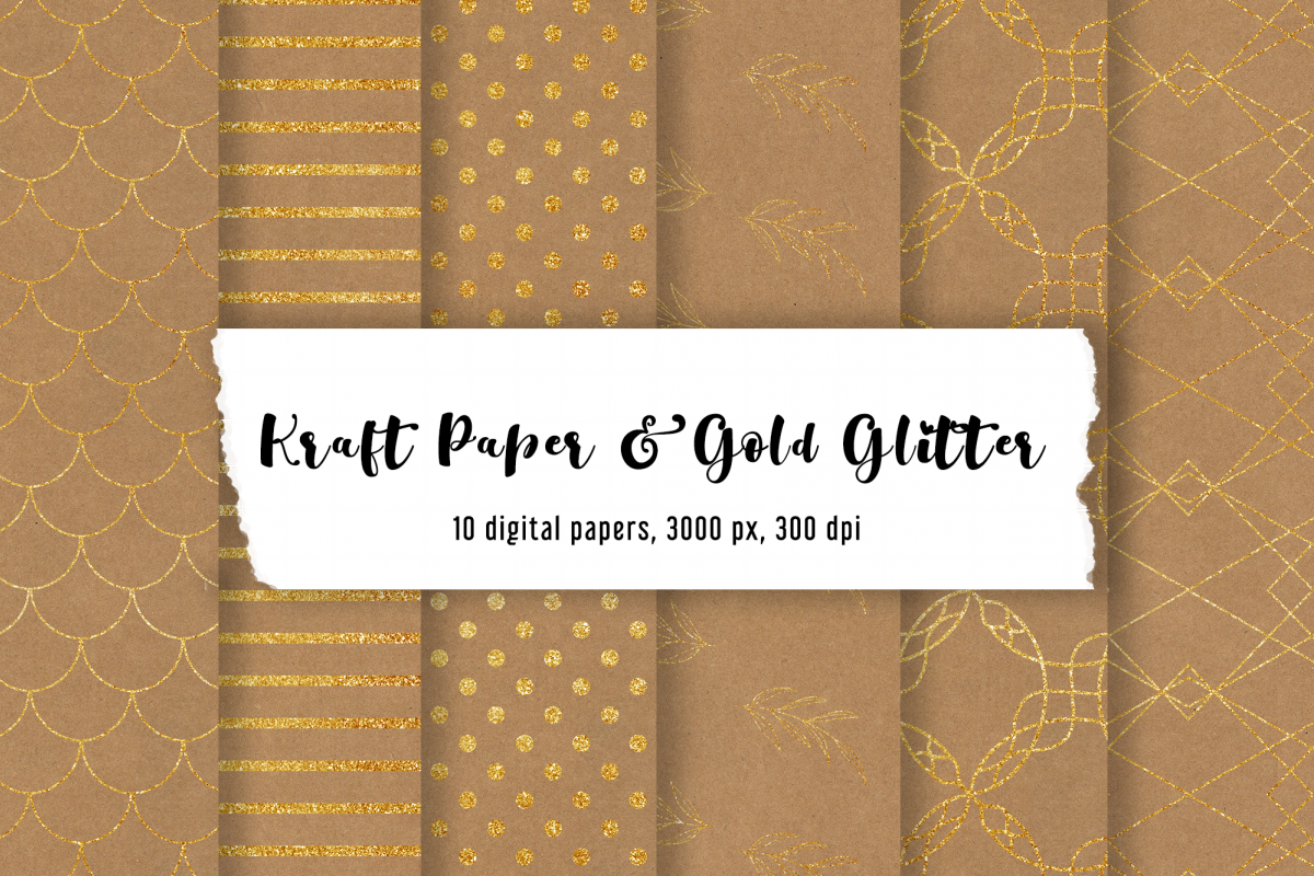 10 digital kraft papers and gold glitter | Mermaid Pattern example image 1