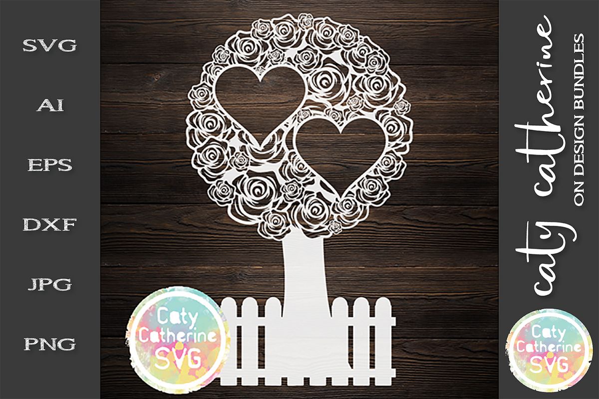 Rose Family Tree With Fence Two Hearts SVG Cut File example image 1