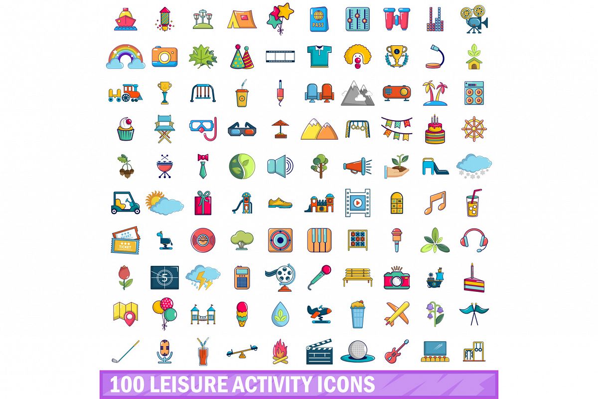 100 leisure activity icons set, cartoon style example image 1