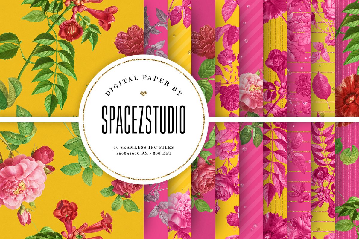 Bright Yellow & Pink Vintage Floral Seamless Patterns example image 1