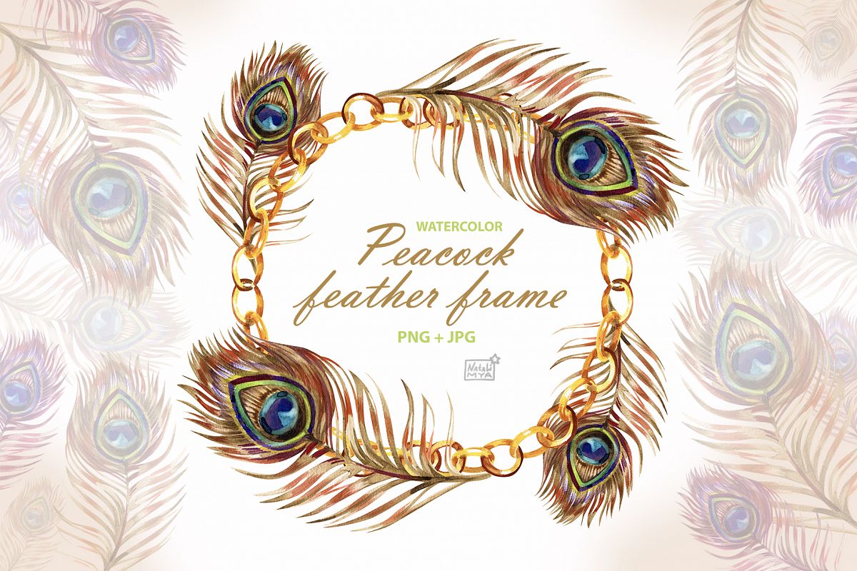 Watercolor peacock feather frame (518458) Illustrations Design Bundles