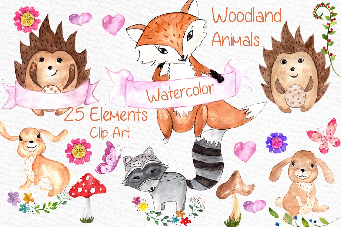 Watercolor woodland animals clipart example image 1