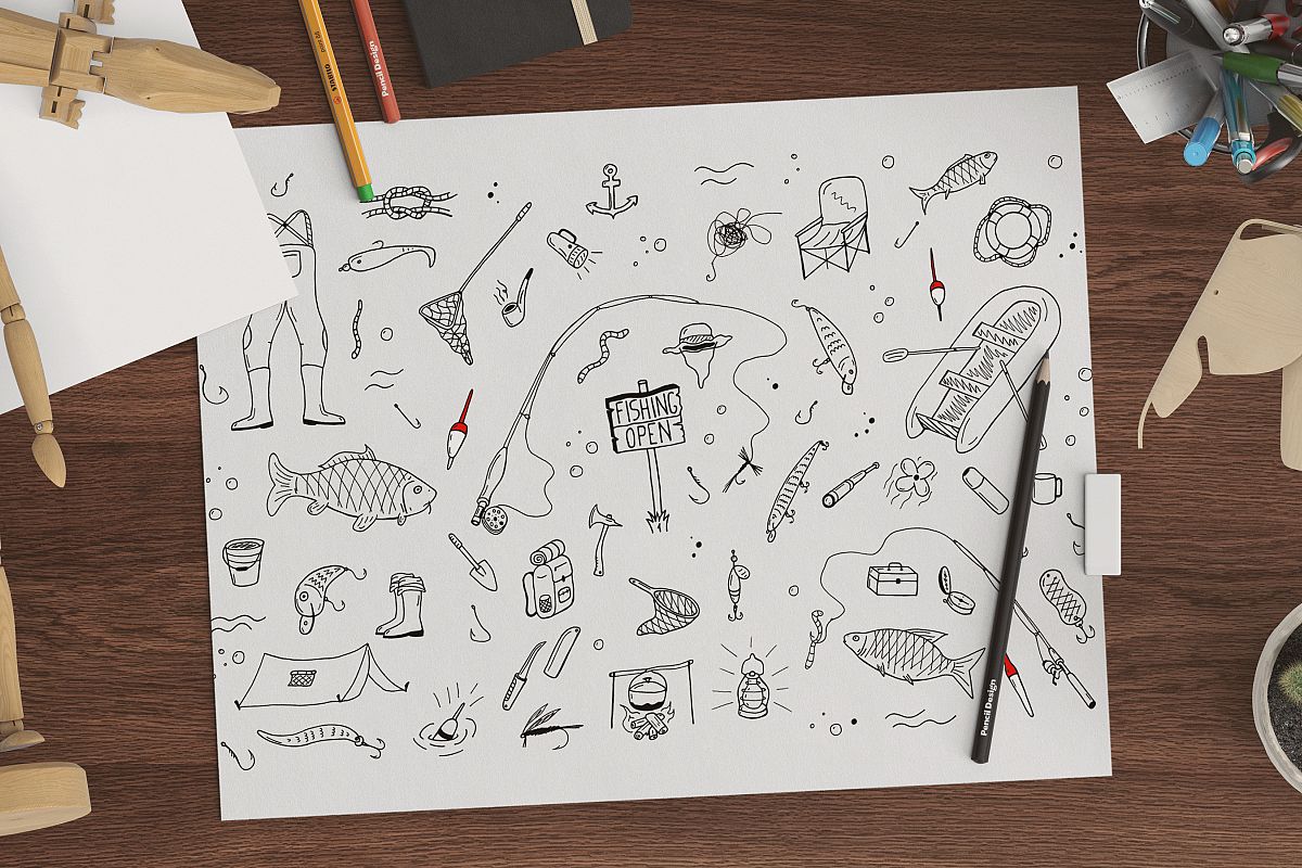 Fishing doodle set+seamless patterns example image 1
