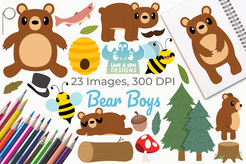 Bear Boys Clipart, Instant Download Vector Art example image 1