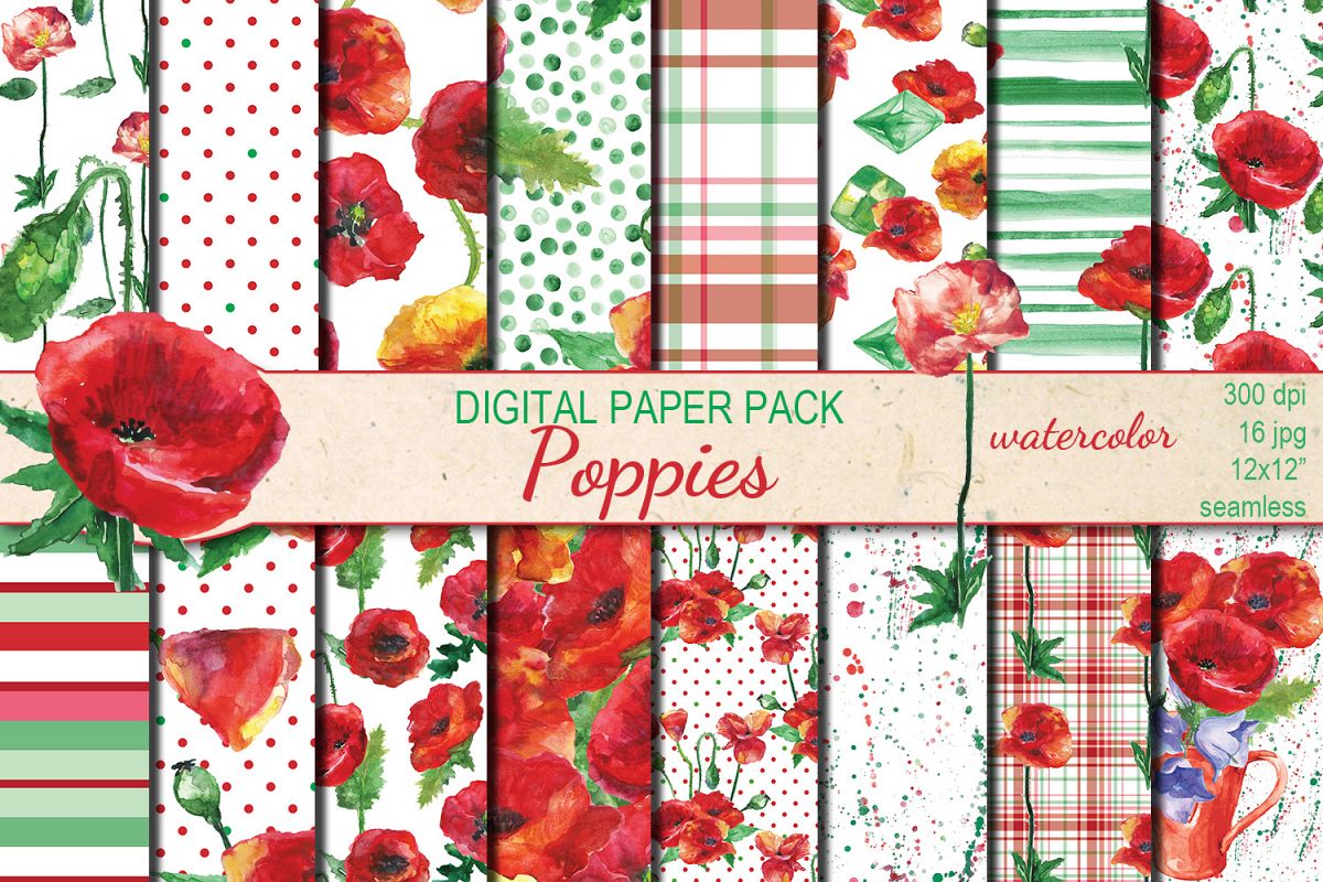 Watercolor Poppies seamless digital paper pack example image 1