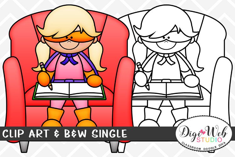 Clip Art & B&W Single - Superhero Girl Writing In Her Chair example image 1