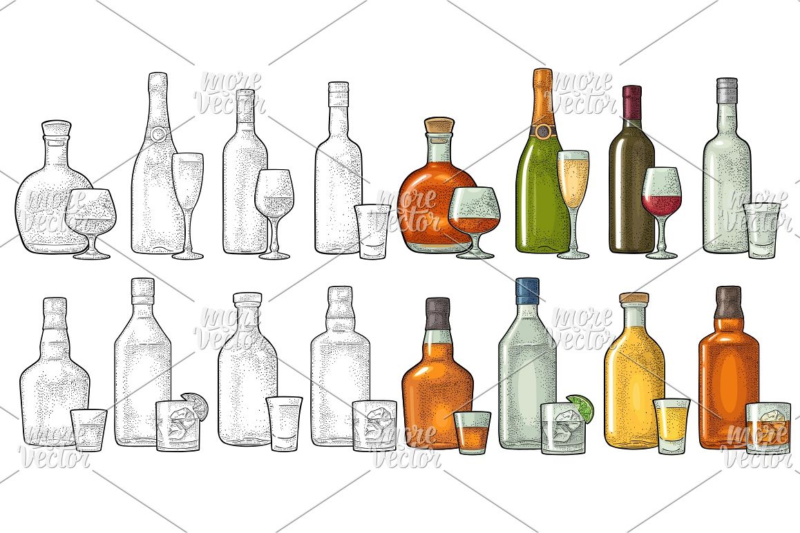 Set glass and bottle whiskey, wine, tequila, cognac, vodka, champagne, gin, rum. Vector engraving example image 1