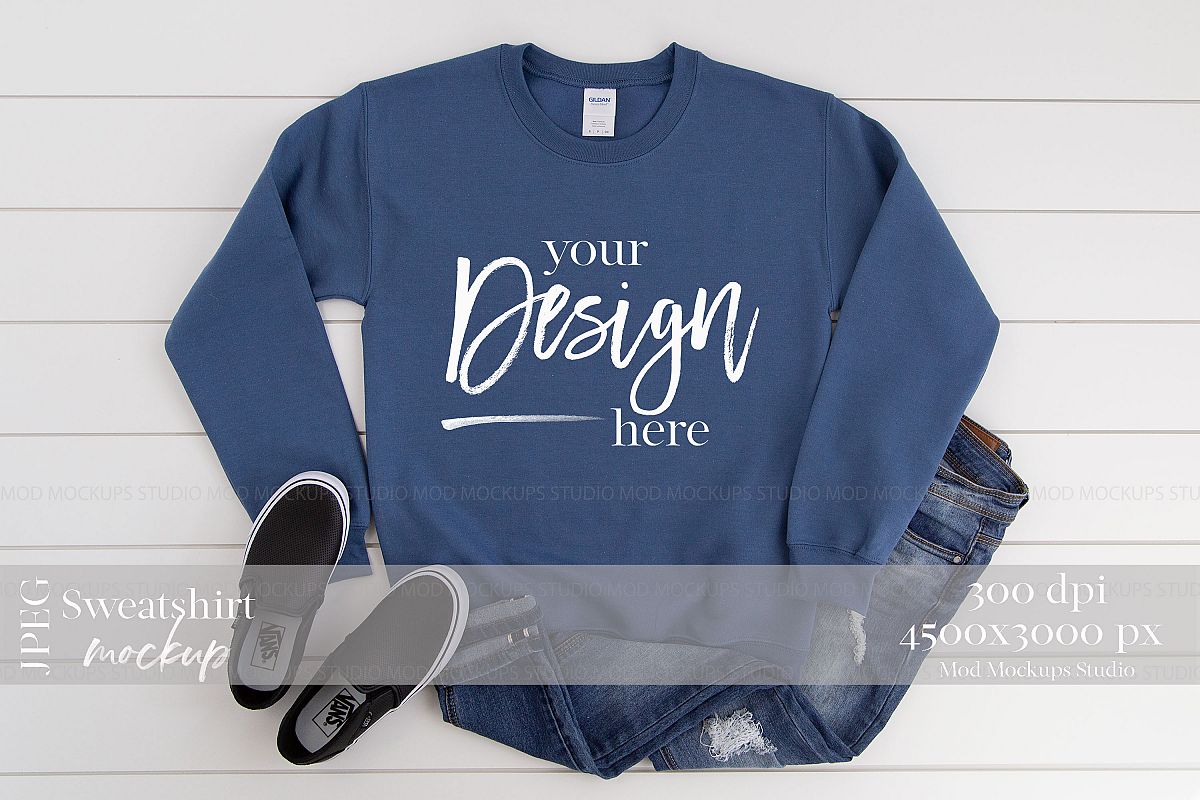 Download Gildan 18000 Mockup | Sweatshirt Mockup INDIGO BLUE (315677) | Mock Ups | Design Bundles