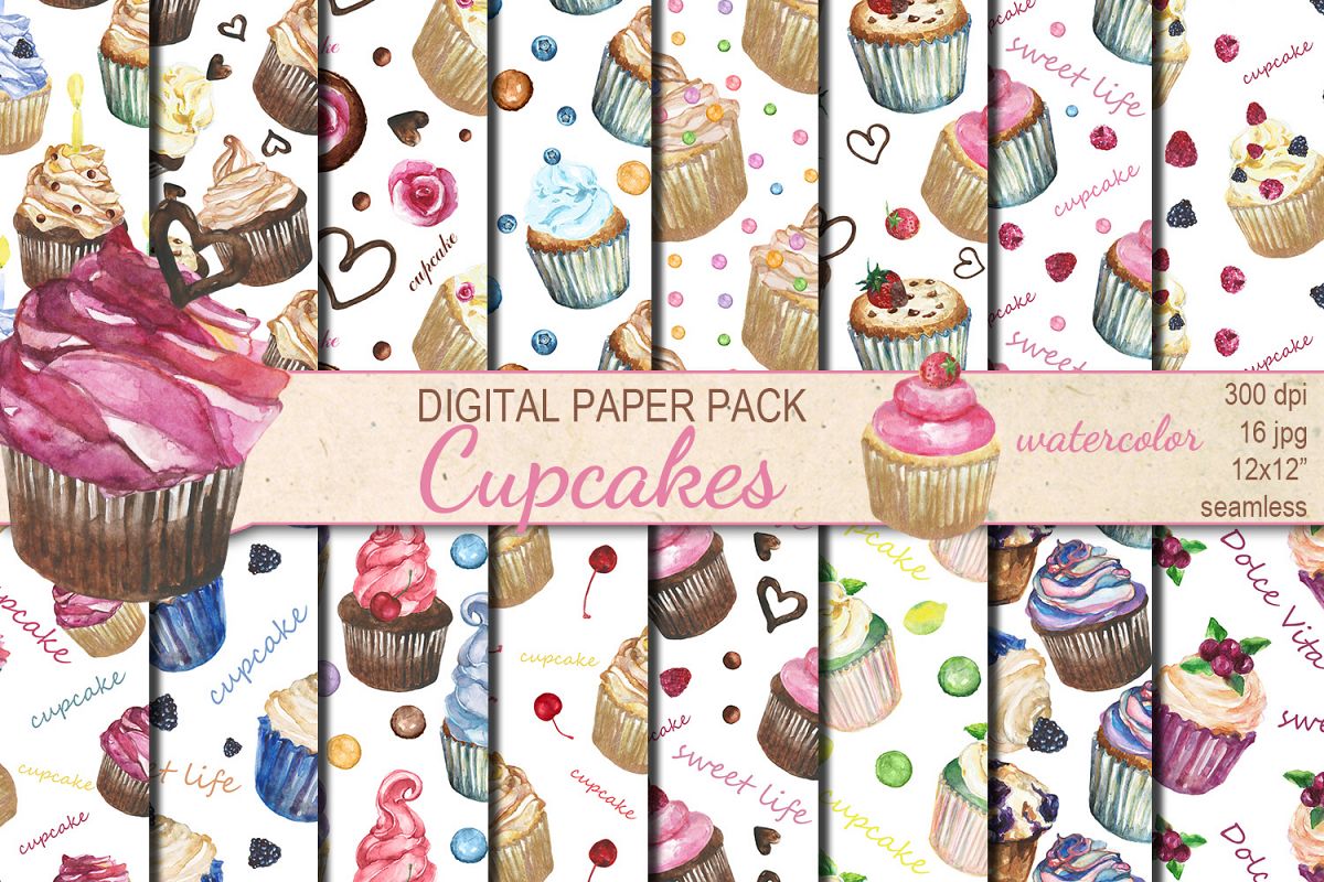 Watercolor Cupcakes seamless digital paper pack example image 1