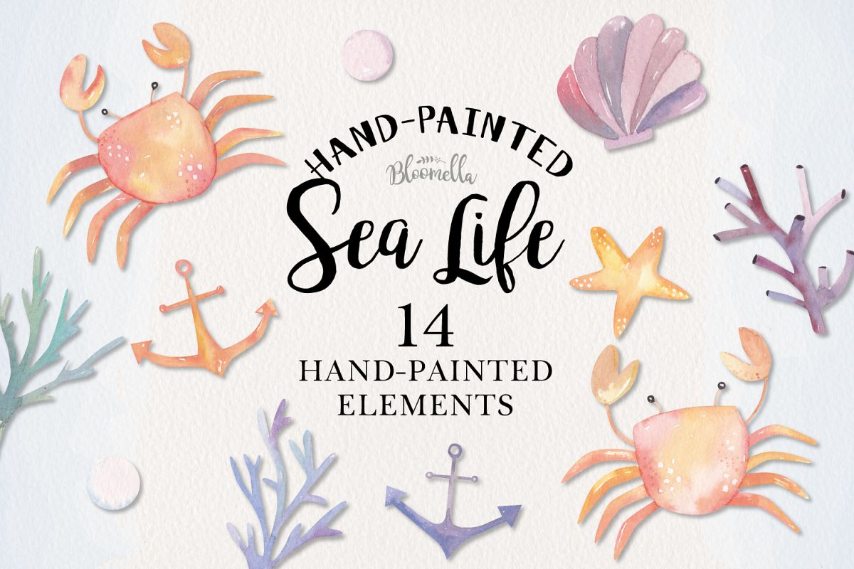 Sea Life Watercolor 14 Elements Ocean Cute Crabs Shell Pearl example image 1