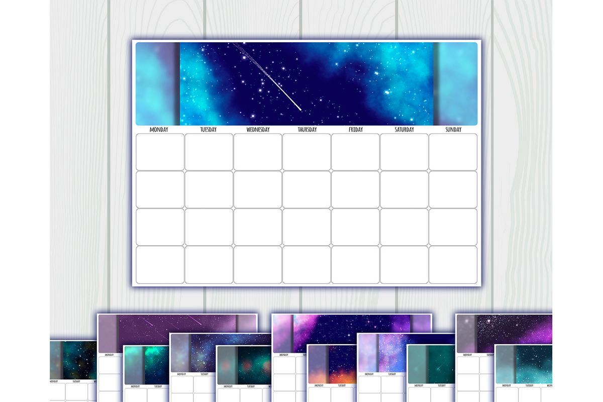 Undated printable calendar planner. 12 Months. Sunday, Mond example image 1