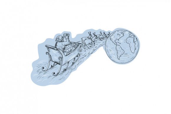 Santa Claus Sleigh Reindeer Gifts Around the World Drawing example image 1