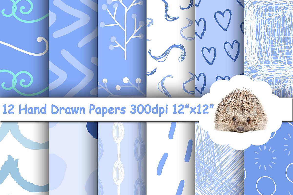 12 Blue Hand Drawn Abstract Patterns / Papers / Backgrounds example image 1