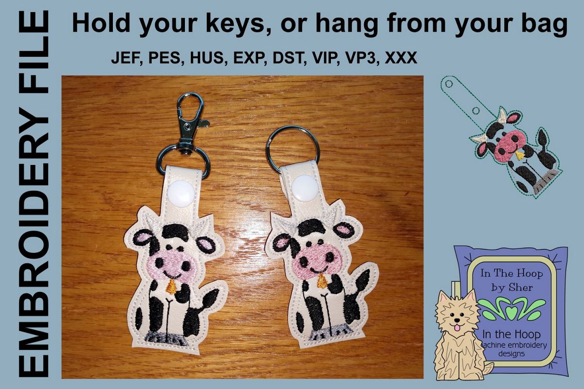 ITH Cow Key Fob - Embroidery Design example image 1