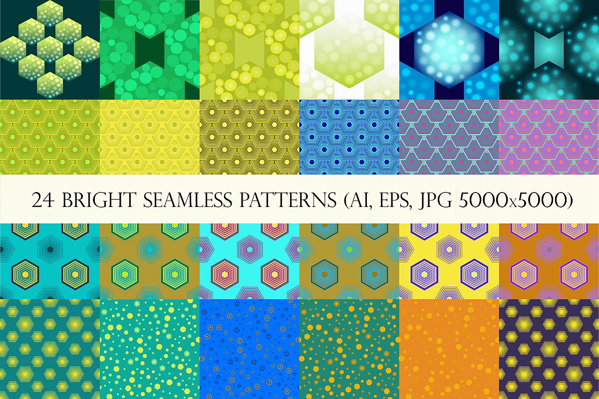 24 bright hexagons seamless patterns example image 1