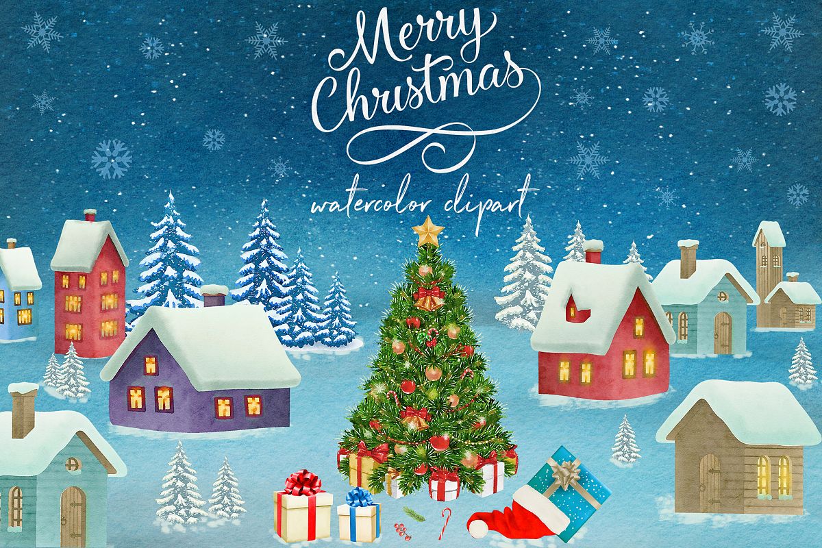 Watercolor Christmas Clipart, Watercolor Scandinavian Xmas example image 1