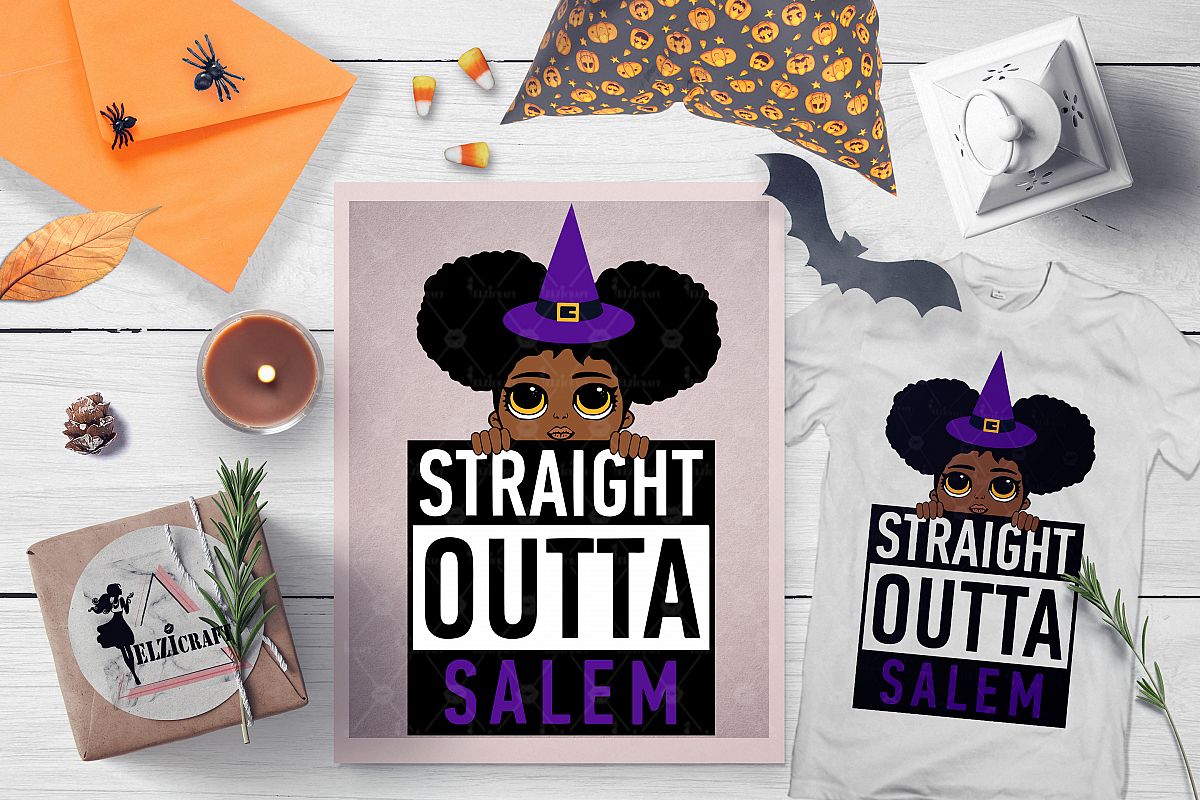 Halloween Straight Outta Salem Peeking Afro Girl Witch SVG example image 1