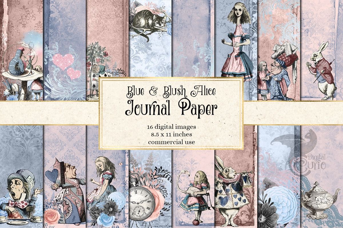 Dusty Blue and Blush Pink Alice in Wonderland Journal Paper example image 1