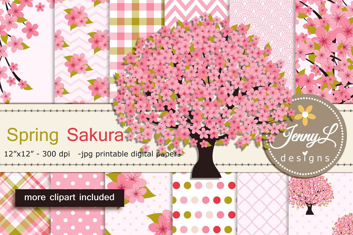 Cherry Blossoms Digital Papers and Sakura Clipart example image 1
