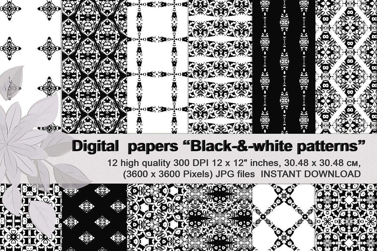 Black and white Digital Scrapbook Paper example image 1