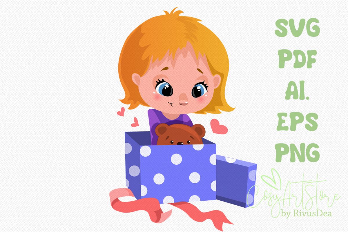 Cute Girl opening Christmas or birthday gift svg example image 1