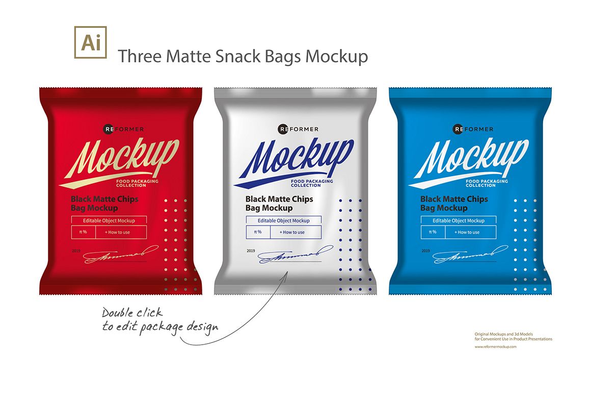 Three Matte Snack Bags Mockup example image 1