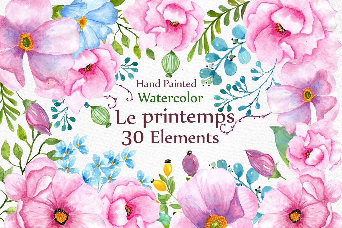 Watercolor pink flowers clipart example image 1