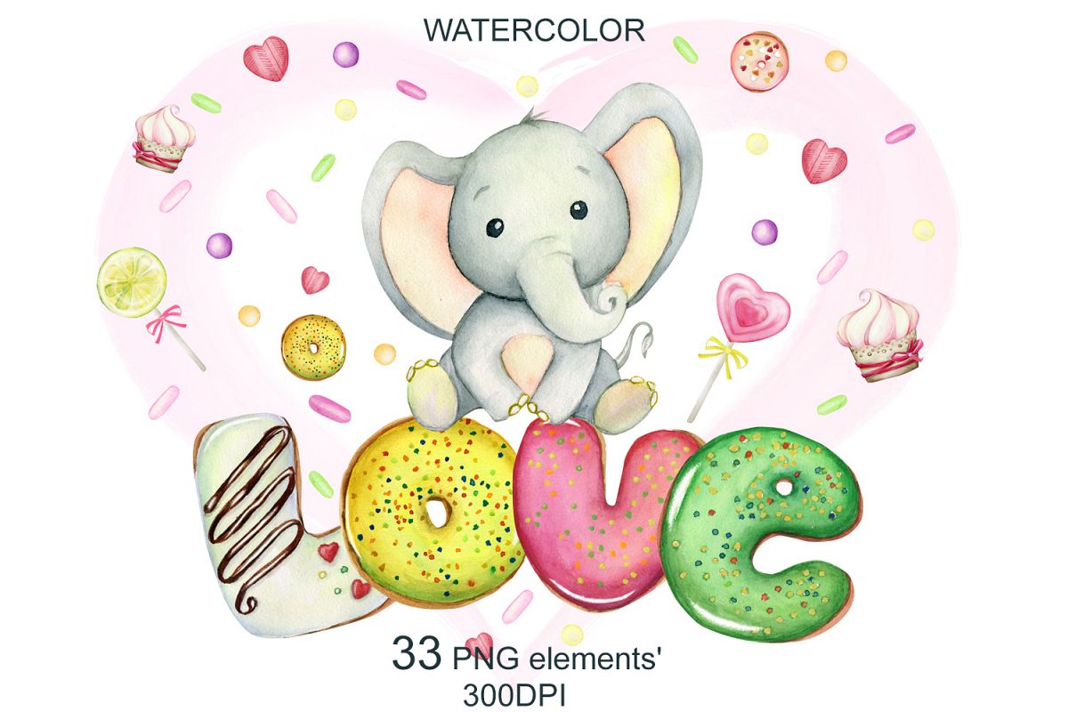 watercolor Cute little elephants, for Valentine's Day example image 1