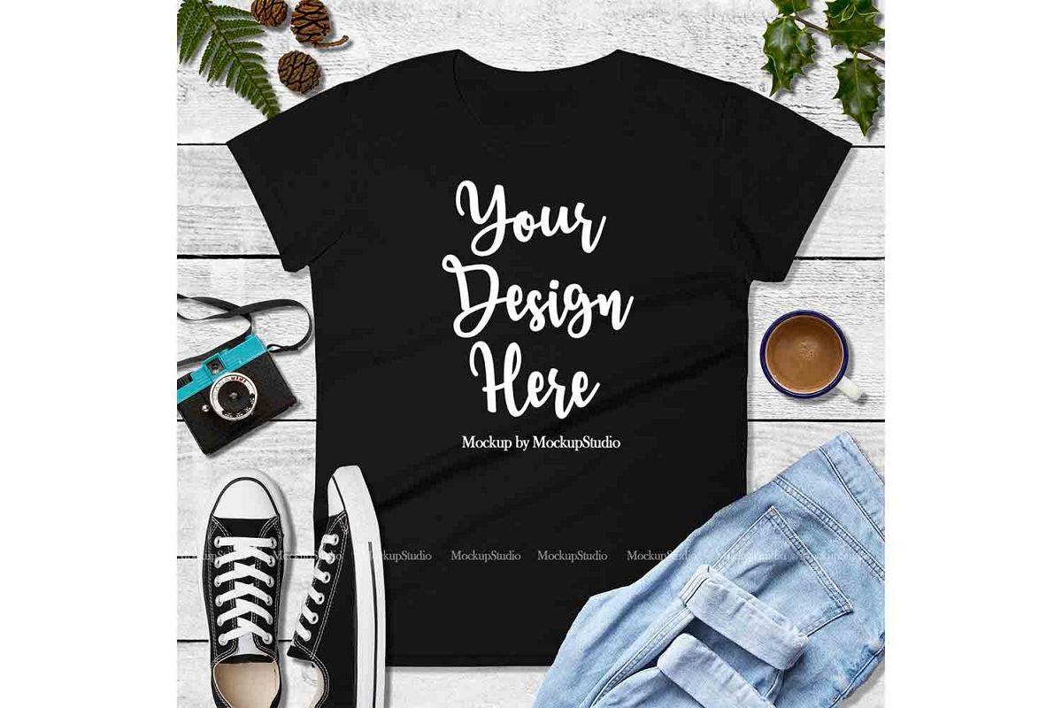 Black Shirt Mock Up, Anvil 880 Tshirt Mockup, Tee Flat Lay example image 1