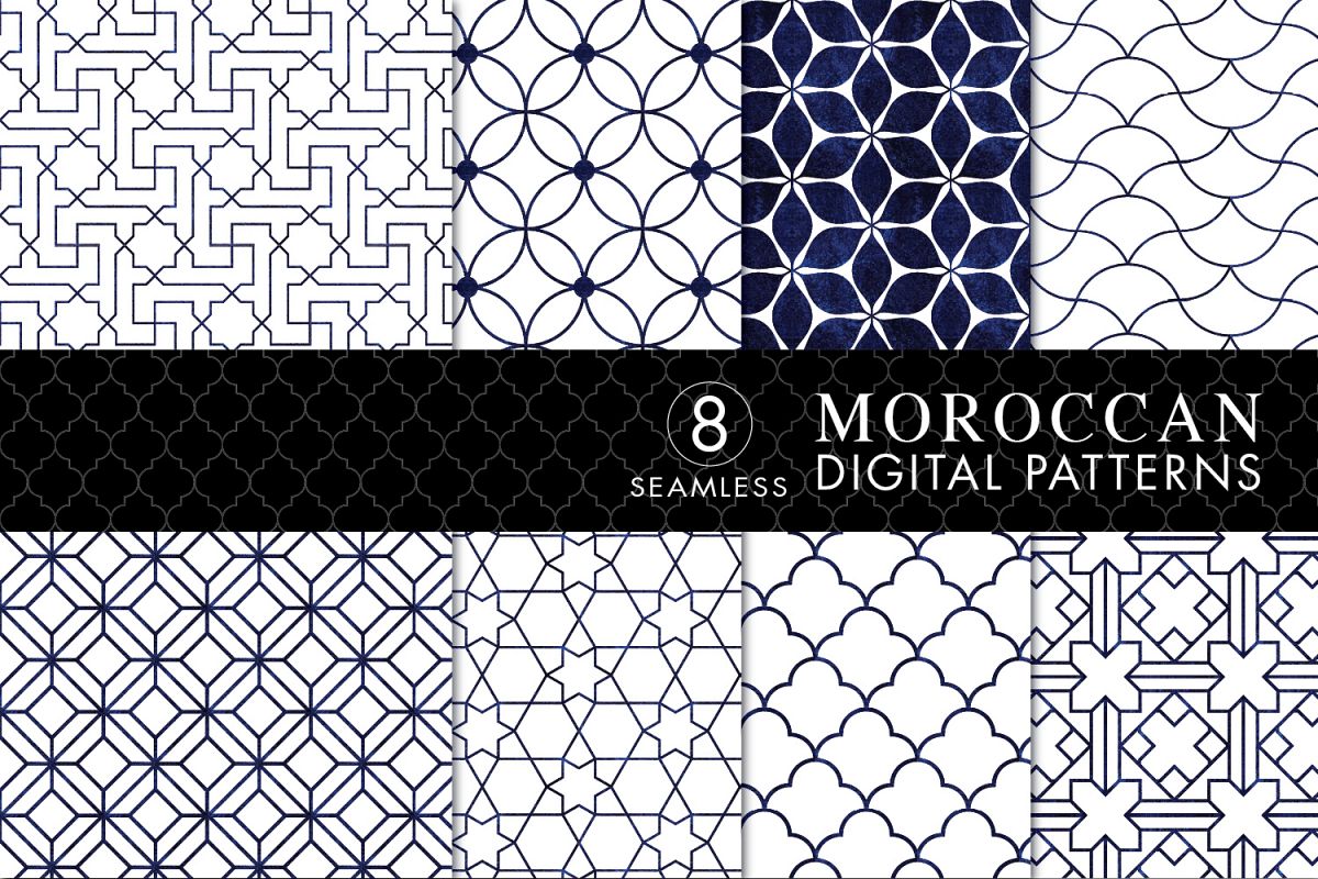 8 Seamless Moroccan Patterns - White & Blue Watercolor Set 3 example image 1