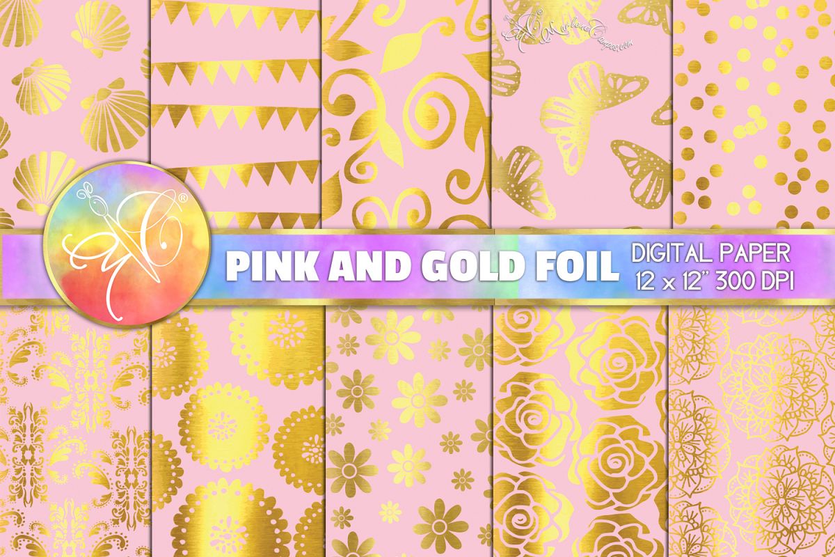 Pink and Gold Foil Digital Paper, Digital Background example image 1