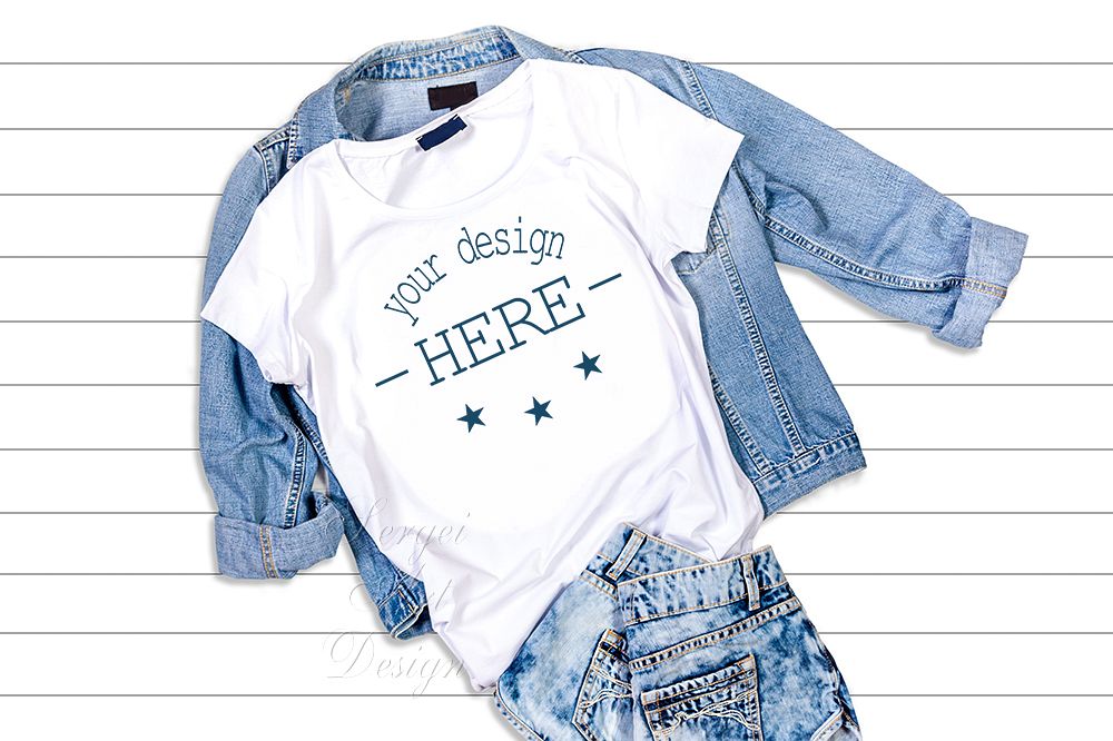 White T-Shirt Mockup Template,T-shirt on a Jeans Jacket ...