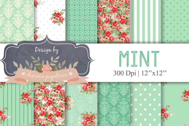 Mint Floral Digital Paper, Floral, Shabby Chic red and mint example image 1