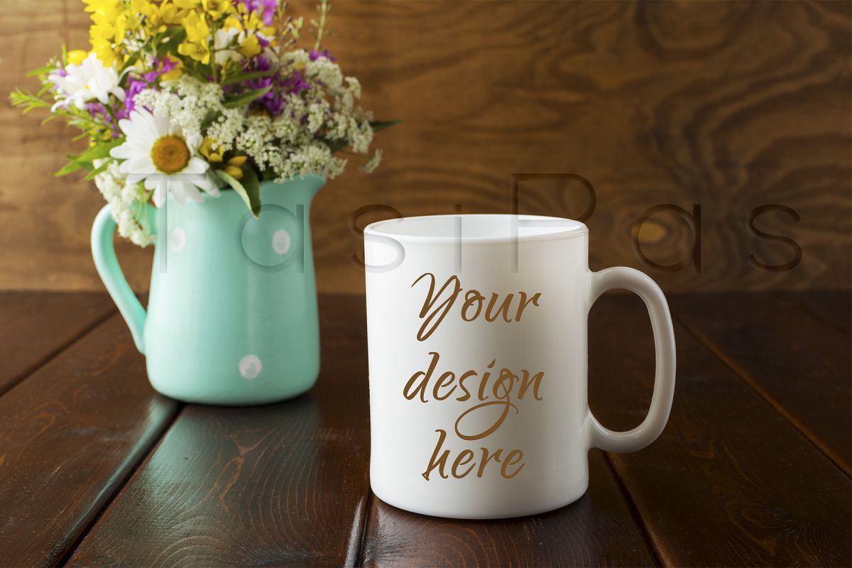 Download White coffee mug rustic mockup with wildflowers in green vas (94711) | Mock Ups | Design Bundles