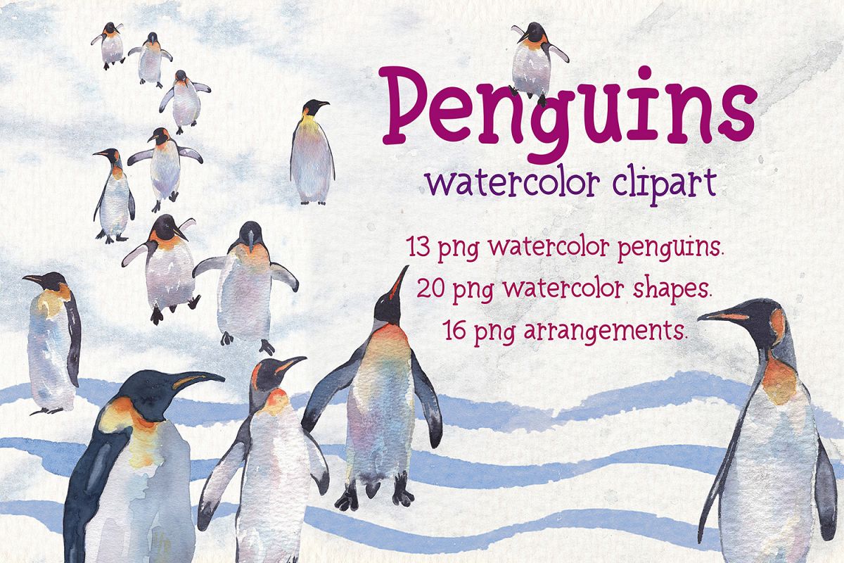 Penguins watercolor clipart example image 1